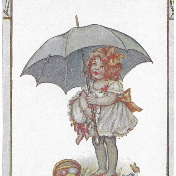 Vintage Easter postcard, Sunshine flowers and all sweet thoughts for Easter Day, small girl umbrella Easter bonnet eggs, Tucks Oilette 1920s