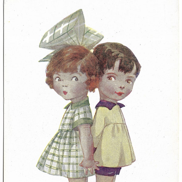 Beaten by a Beau vintage children's postcard, girl boy back to back large plaid bow and dress Faulkner unused