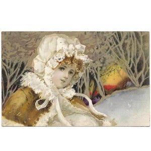 Cartão postal vintage de criança com roupas de inverno, carimbo postal de Raphael Tuck Art de 1904, chapéu branco, pôr do sol de inverno na floresta