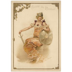 Cartão de anúncio cromolitográfico vintage Chocolat de Planteur, Regiment d'Infanterie, impresso por Chapell de Avignon, 1896 Art Nouveau