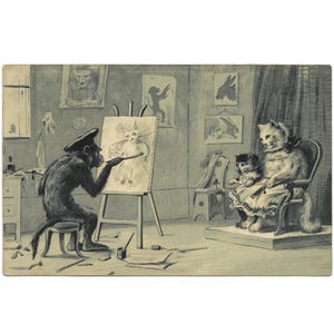 Monkeyland Affe malt ein Portrait einer gekleideten Katze und ihres Kätzchens Vintage Postkarte Raphael Tuck Stempel 1903
