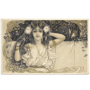 Fille avec des fleurs blanches carte postale vintage Art nouveau 1907, belle jeune femme