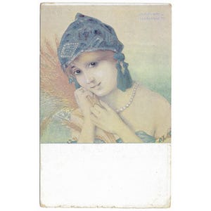 Carte postale vintage La Glaneuse de Raphael Kirchner inutilisée c1917 publiée par L-E of Paris the Gleaner