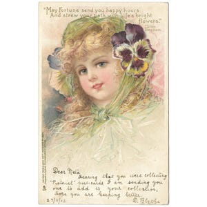 F Brundage unsignierte Vintage Grußkarte 'May Fortune send you Happy Hour' hübsches junges Mädchen in grün, Tuck's Little Darlings 1902