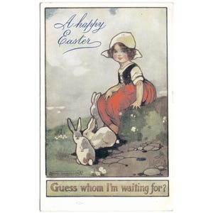 Una cartolina di Pasqua d'epoca di Agnes Richardson del 1919 Tuck's Oilette I nostri bambini, conigliette in collina Indovina chi sto aspettando