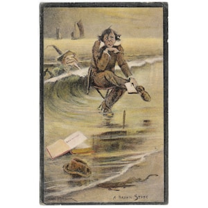Un estudio marrón de Thomas Maybank, postal vintage de 1906, la serie Woodbury, playa, cabeza de bruja, Browning