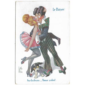 Le Baiser Vintage Comic französische Postkarte von Little Nicky, herausgegeben von A Noyer, Stempel 1921 Sur les Lèvres Amour ardent