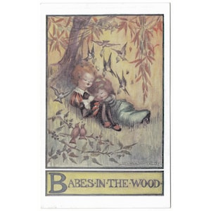 Vintage Postkarte Frauen im Wald von Flora White, Kinder schlafend unter dem Baum, Vögel bedecken sie mit Blättern, unbenutzte 1950er Postkarte