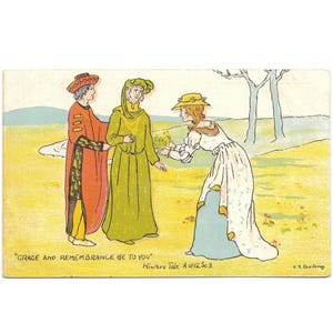 Könnte beinhalten: Vintage Postkarte mit einer Illustration von drei Figuren in historischer Kleidung. Die Szene spielt vor einem gelb-grünen Hintergrund, mit dem Text "GRACE AND REMEMBRANCE BE TO YOU". Das Kunstwerk ist von K.E. Coudoray signiert.
