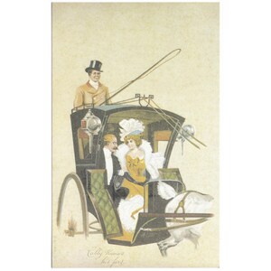 Cabby knows his part Edwardian hansom cab and fashionably passengers, unused c1901, horse-drawn cab
