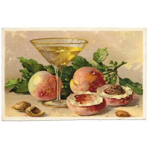 Verre de vin avec des pêches et des noix par Catharina Klein vintage carte postale inutilisée publiée par Gebrüder Obpacher de Munich c1912 Klein fruit