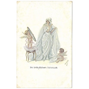 In Bridal Finery bride and cherubs Friedrich Kaskeline vintage postcard Wilhelm S Schroeder Nachfolger unused 1920s Im bräuflichen Schmuck