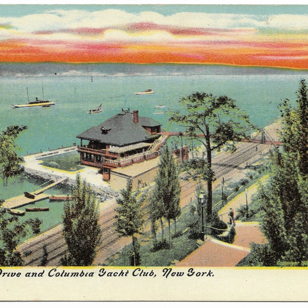 Riverside Drive and Columbia Yacht Club New York vintage postcard, Illustrated Post Card & Co unused c1910 two storey club house railway