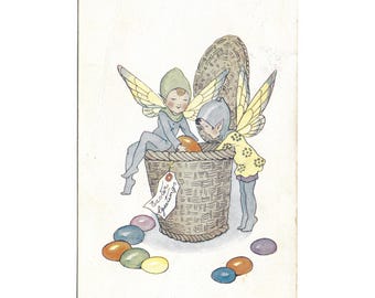 Cartolina d'epoca con auguri di Pasqua, elfi e uova colorate, cesto, anni '20