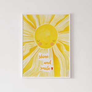 Sonrisa y brillo impresión, lindo cartel del niño, decoración de la guardería, cartel del dormitorio del niño, arte de la pared de los niños, ilustración del sol, cartel lindo de los niños