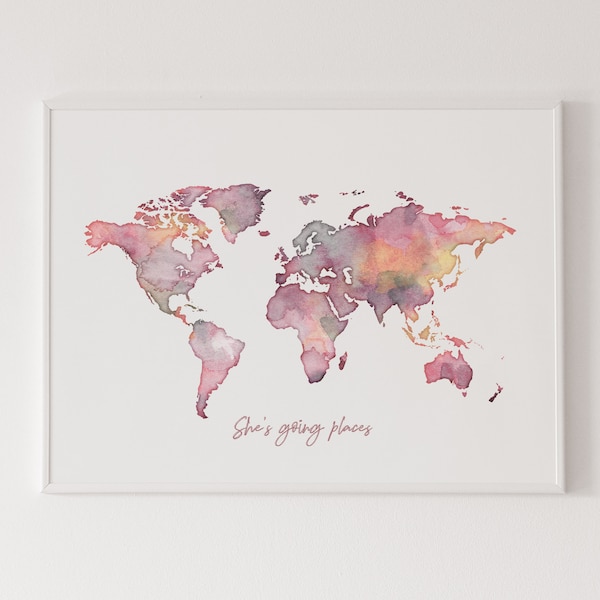 Digital download, World map - She's going places poster, pink world map, world map print, atlas wall art, instant download, downloadable art