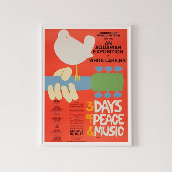 Impression Woodstock, affiche du festival de 1969, impression d’art musical vintage, affiche de Woodstock, impression rétro, art rock and roll vintage, cadeau rétro