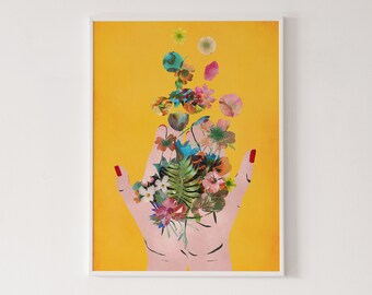 Frida‘s hands print, Frida illustration, Frida exhibition poster, feminist art, minimalist print, home décor, yellow art