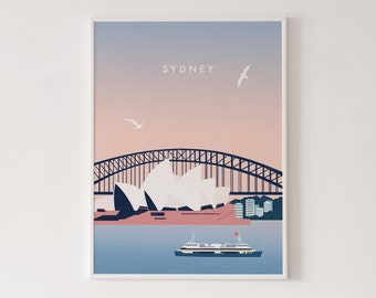 Sydney illustration, Sydney poster, Sydney print, Sydney Harbour Bridge, Sydney Opera House, Sydney travel poster, Sydney cityscape