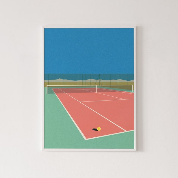 Tennis court in the desert poster, sport illustration, tennis print, abstract sport art, exhibition poster, minimalist print, home décor