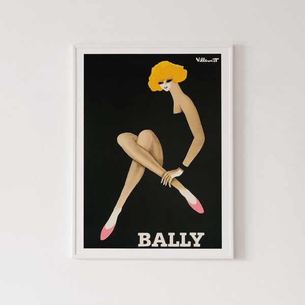 Téléchargement numérique, impression Bally, femme blonde Bally, Bernard Villemot, impression publicitaire, chaussures Bally 1982, mode vintage, art imprimable