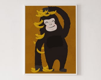 Gorilla banana print, gorilla poster, singes poster, gorilla wall art, cute gorilla art, animal print, nursery decor, gorilla holding banana