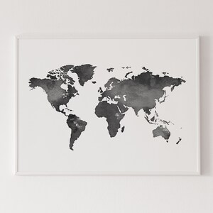 World map - black watercolor poster, world map print, atlas wall art, globe print, travel poster, educational map poster, gallery wall