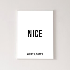 May include: A white framed print with the word "NICE" in black text and the coordinates "43.7102&deg; N, 7.2620&deg; E" in black text below.