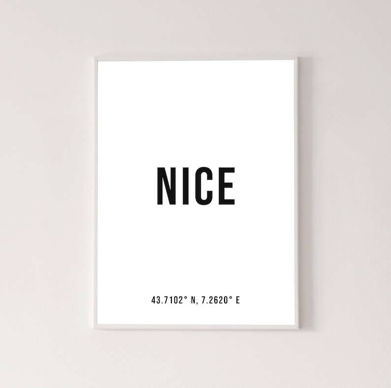 May include: A white framed print with the word "NICE" in black text and the coordinates "43.7102&deg; N, 7.2620&deg; E" in black text below.