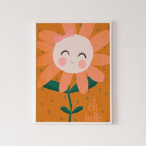 Oh hola impresión, lindo cartel del niño, decoración de la guardería, cartel del dormitorio del niño, arte de la pared de los niños, ilustración de la flor, cartel lindo de los niños