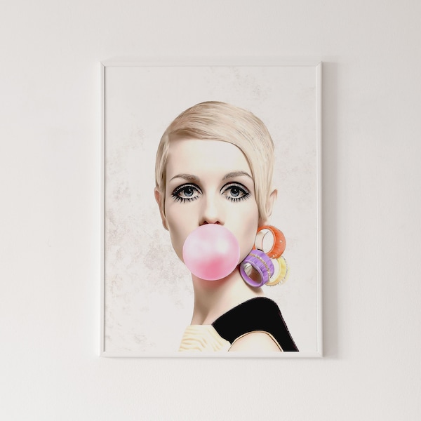 Twiggy pink bubble gum poster, high quality print, home decor, wall art, contemporary poster, gallery wall, art print