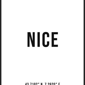 May include: A black and white poster with the word "NICE" in bold, black letters. The poster also includes the coordinates "43.7102&deg; N, 7.2620&deg; E".