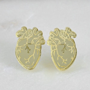 Anatomical gold Heart Earrings, Acrylic earrings, Heart stud earrings, girls jewelry, Romantic, gift for her, golden heart,Made USA, Veteran