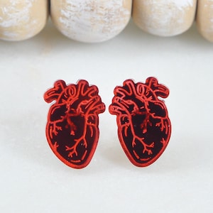 Red Anatomical Heart Earrings, mirror Acrylic earrings, Heart stud earrings, girls jewelry, gift for her, Red heart