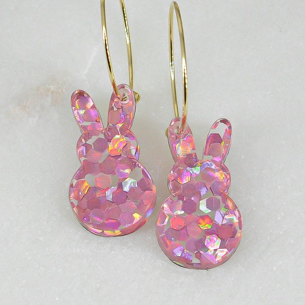 Premium bunny Dangle Earrings in glitter acrylic, Holographic Earrings, Acrylic Dangles, Easter jewelry, Made in USA, Veteran owned