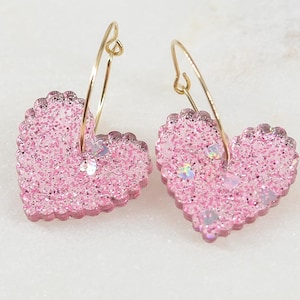 Pink Scalloped Heart Earrings | Holographic Glitter Acrylic | Cute Love Jewelry | Valentine Gift | Made in USA | Veteran Owned