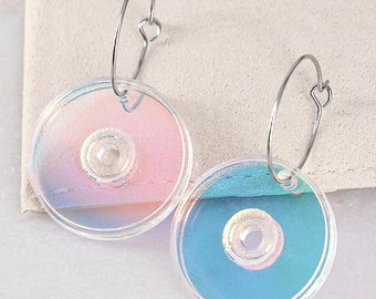 CD Ohrring, CD irisierende Acryl Ohrringe, holographisch, Acryl Ohrhänger, Spaß Party Schmuck, niedlich, Made USA, veteranenbesitz
