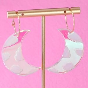 Moon Shaped Iridescent Acrylic Earrings – Engraved Cloud Design, Lightweight Statement Jewelry, Shimmery Celestial Gift, dangle earrings