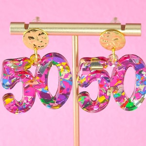 Birthday Number Earrings – Glitter Dangle Jewelry – Custom Ages 21 30 40 50 99 100 – 50th birthday – Party Gift for Her