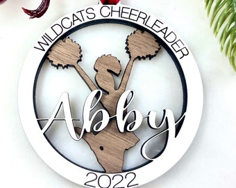 Custom Cheerleader Ornament, Cheer Christmas Ornament, Football game Ornament,  Custom name, team or school name, quality made in the USA