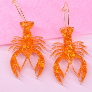 Orange Glitter Crawfish Earrings – Mardi Gras Lobster Jewelry, Lightweight Sparkly Acrylic - Statement for Party - dangle earring - fun