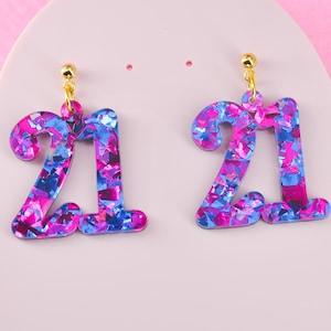 Glitter Birthday Number Earrings, Lightweight Statement Jewelry, Custom Ages 21 30 40 50 99 100, Celebration Earrings, Party Gift for Her