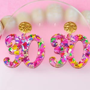 Birthday Number Earrings – Glitter Dangle Jewelry – Custom Ages 21 30 40 50 99 100 – Party Gift for Her - 30th birthday- 21st - 40th