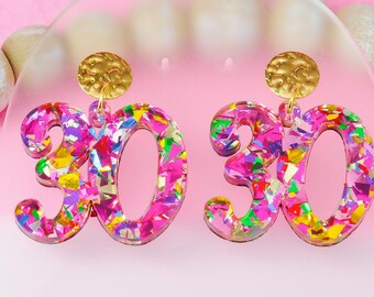 Birthday Number Earrings – Glitter Dangle Jewelry – Custom Ages 21 30 40 50 99 100 – Party Gift for Her - 30th birthday- 21st - 40th