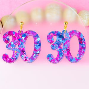 Glitter Birthday Number Earrings, Lightweight Statement Jewelry, Custom Ages 21 30 40 50 99 100, Party Gift for Her, 30th birthday
