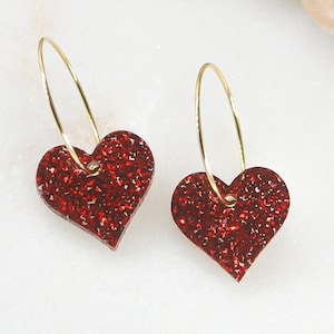 Heart Earrings in red glitter acrylic, Acrylic earrings, Love Jewelry, Made USA, Veteran owned