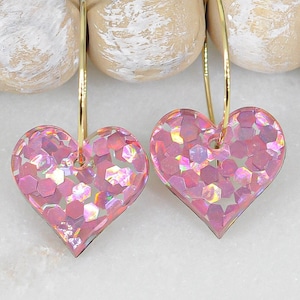 Heart Earrings in pink glitter acrylic, Acrylic earrings, Love Jewelry, Made USA, Veteran owned