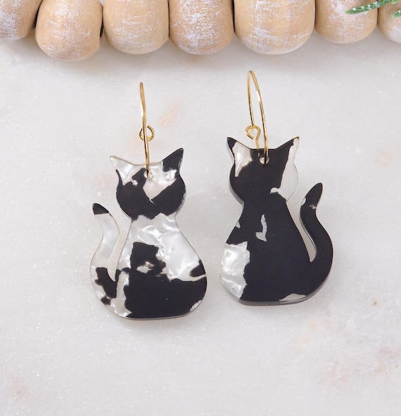 Cat Earrings, High Quality Black Marble Cat Acrylic Earrings