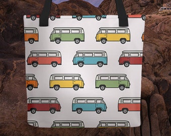 Hippy Bus Pattern Tote Bag | Adventure Bag | Reusable Tote | 15in x 15in