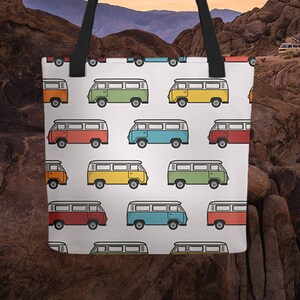 Hippy Bus Pattern Tote Bag | Adventure Bag | Reusable Tote | 15in x 15in